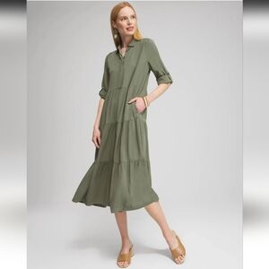 Chico's New Midi Tiered Twill Dress Solid Olive Size 2.5/14